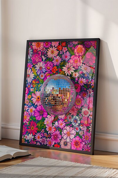 Buka Shops dopamin Decor Çiçekli Disko Topu - Siyah Çerçeveli Retro Tablo