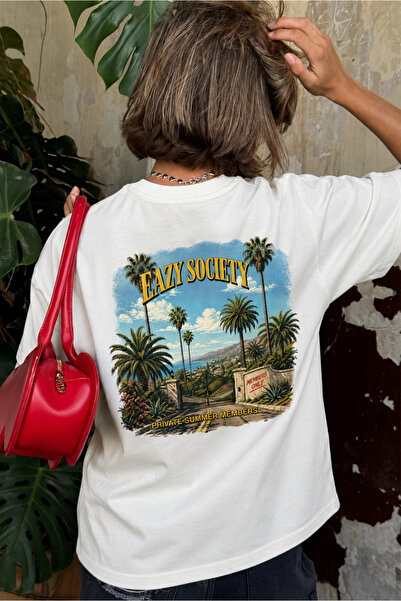 Eazy Co Μπλουζάκι EAZY Unisex Oversize 100% βαμβακερό λευκό μπλουζάκι με στάμ...