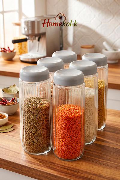 Homekolik Set of 6 Anthracite Lid 1500 ml Glass Jars – , Airtight, Modern Kit...