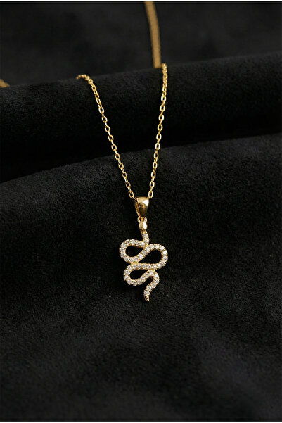 Roza Silver 925 Ayar Zirkon Taşlı Gold Yılan Gümüş Kolye