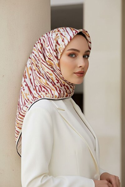 Vissona %100 Twill İpek Çizgi Desenli Krem - Bordo Renkli 90x90 Eşarp Dikim Ş...