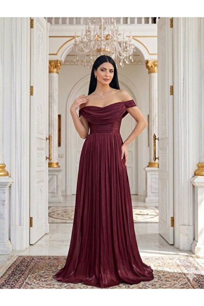 Gülcan Luxury Vixen Kayık Yaka Piliseli Uzun Abiye