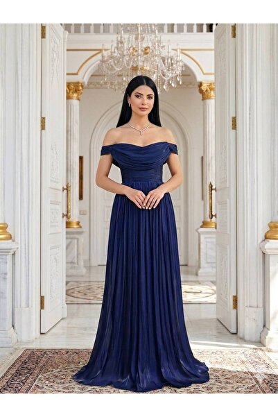 Gülcan Luxury Vixen Kayık Yaka Piliseli Lacivert Uzun Abiye