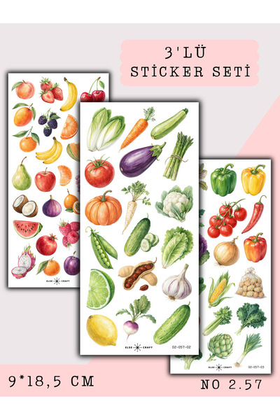 Else Craft 3'lü Meyve Sebze Temalı Sticker 2.57 - Ajanda Planlayıcı Bullet Jo...