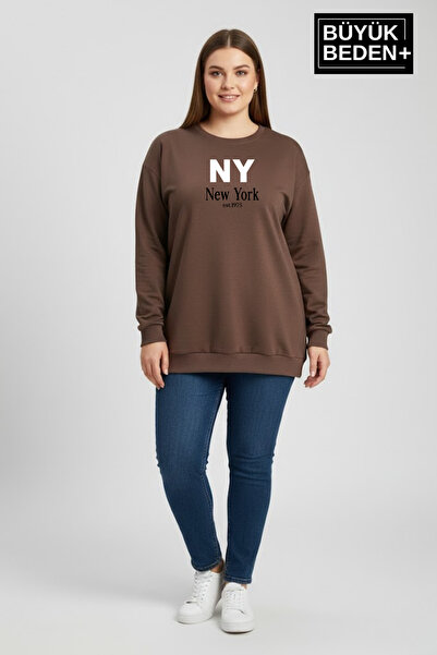 Süperlife Women's Plus Size Ny New York Printed Crew Neck Slim Sweatshirt Spr...