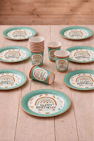 parti pera Retro Gökkuşağı Temalı Karton Tabak Bardak 8'li