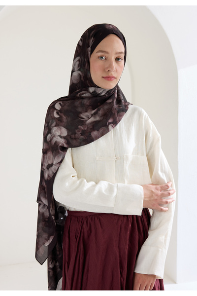 Freshscarfs Hıbıscus Beauty Floş Viskon Şal Kahve