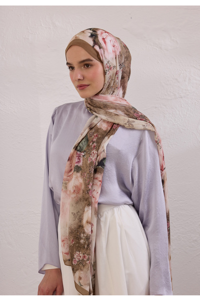 Freshscarfs Vintage Rose Desen Rami Şal Vizon