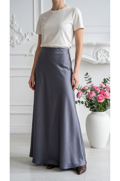3B Stil Women's Stylish Satin Elastic Waist 100 cm Maxi Length a Line Skirt