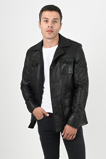 ALİN Men's Black Safari Genuine Leather Coat Harrison - You Can View the Size...