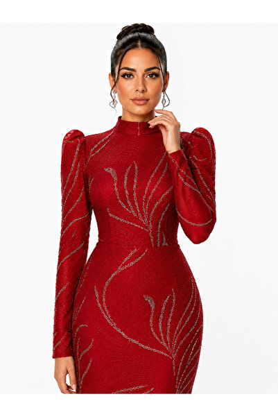 Lovely Dress Yüksek Yaka Uzun Kollu Simli Tesettür Abiye Elbise