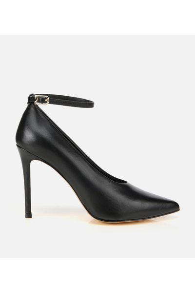 Hotiç Women's Leather Black Ankle Strap Gold Detailed High Heel Stiletto