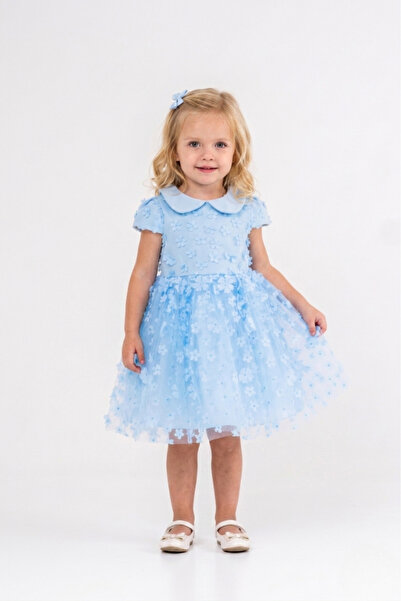 Eray Kids Bebe Yaka Çiçekli Kısa Kollu Kız Çocuk Abiye Elbise