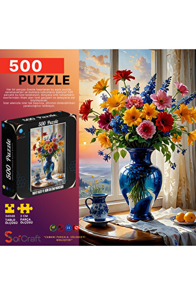 Soi Craft 500 Parça Puzzle Mavi Vazo ve Karışık Çiçekler Gün Batımı #264