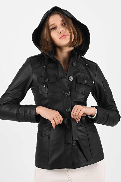 ALİN Women's Black Hooded Genuine Leather Coat Sansa - You Can View the Size ...