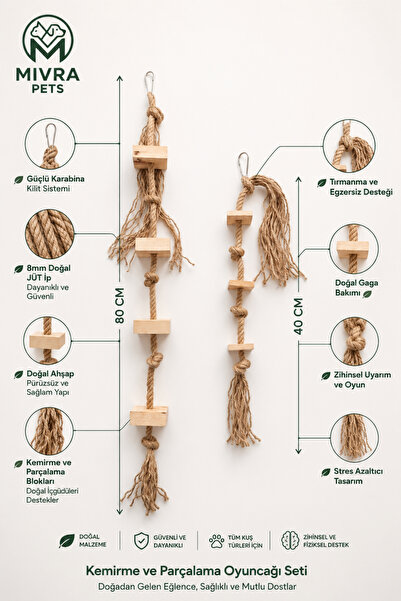 Mivra Pets Parrot Chewing and Shredding Toy Set Natural Wood 80 cm 8 mm Jute ...