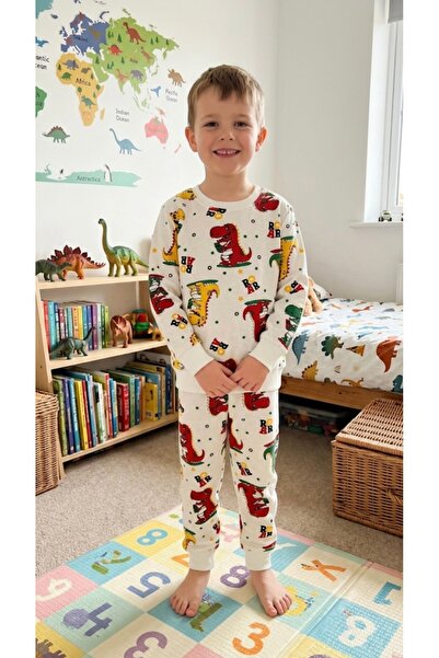 ALİŞ KİDS Set de pijamale cu mâneci lungi din bumbac alb cu model de dinozaur...