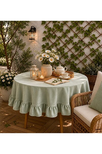 Decamor home İnci Kadife Dokulu Vintage Çağla Yeşili Fırfırlı Yuvarlak Masa Ö...