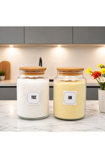 mafa home 2'li Ahşap Vakum Kapaklı Cam Un Tuz Saklama Kavanozu Seti 800 Ml Et...