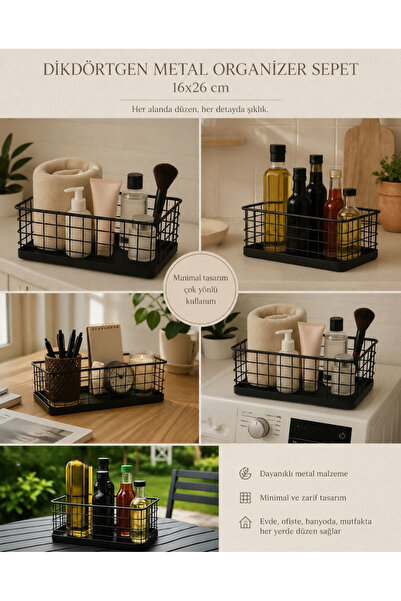 Okyanus Home Dikdörtgen Siyah Metal Organizer Sepet Midi 16x26 Cm