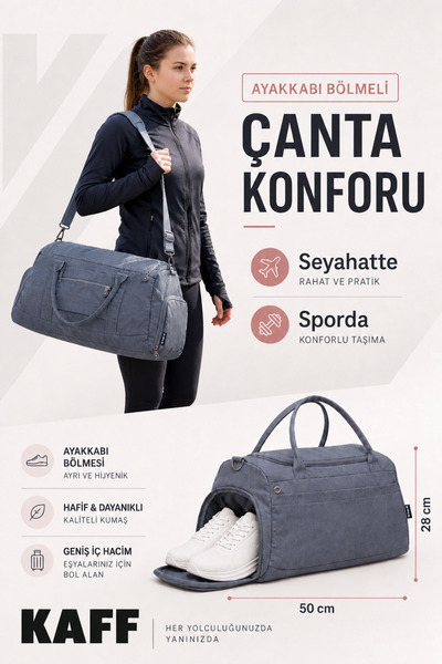 KAFF Siva naborana sportska i putna torba sa pretincem za cipele 0818, prednj...