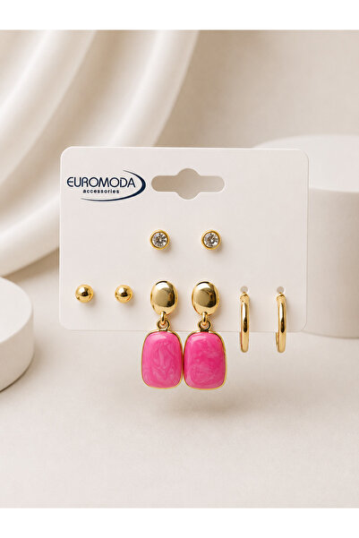 EUROMODA Gold Pembe Mineli 4'lü Küpe Seti