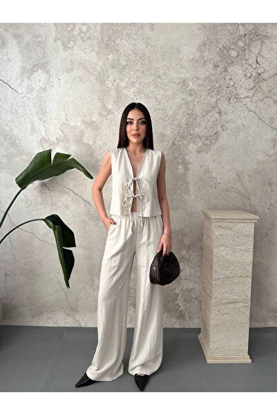 Lady Pixie Μπεζ Σετ Λινό Φιόγκο στο μπροστινό μέρος