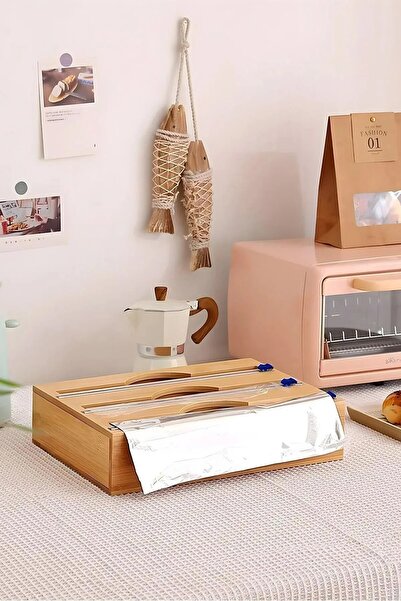 ERKUGO Bamboo 3-Piece Stretch Film and Foil Cutter Organizer, Stretch Foil Box