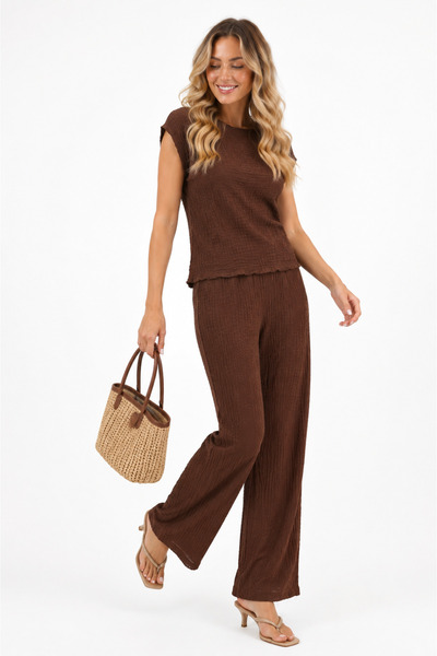 rindahomewear Bürümcük Fabric Brown Low Sleeve Pajama Set