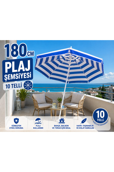 AYDINLAR STORE Mavi Beyaz Çizgili Plaj Şemsiyesi 180 cm | Balkon, Bahçe, Kamp...
