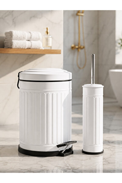 Yufira Life 5 Lt Çizgili Vintage Yavaş Kapanan Pedallı Beyaz Çöp Kovası ve WC...