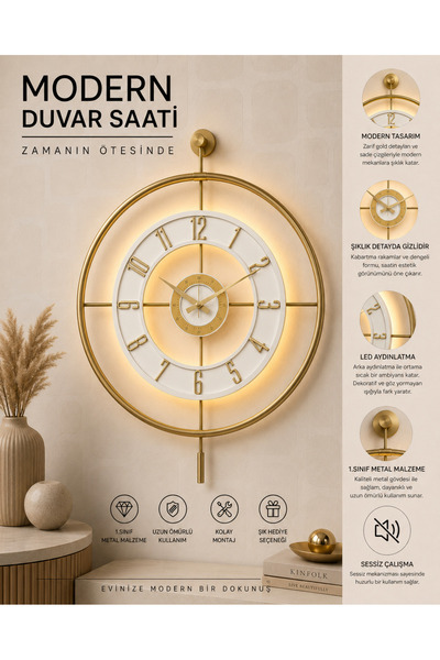 Pey Aksesuar Metal TEMPERLİ Camlı Duvar Saati 60x80 Cm Büyük Boy Işıklı Gerçe...