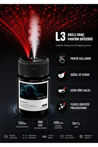 kawigo L3 Akıllı Araç Difüzörü - Yıldızlı Gök Projeksiyonlu 120ml Araç Kokusu...