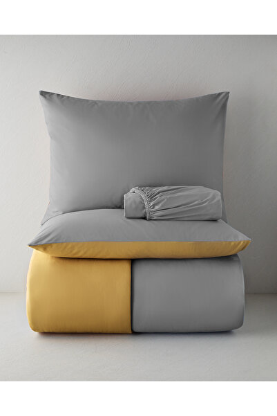English Home Plain Pamuk Tek Kişilik Nevresim Takımı 160x220 cm Gri-Sarı