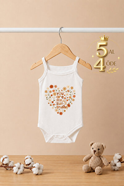 bebeqon Heart Detailed You Are My Sunshine Printed Baby Strap Bodysuit 100% C...