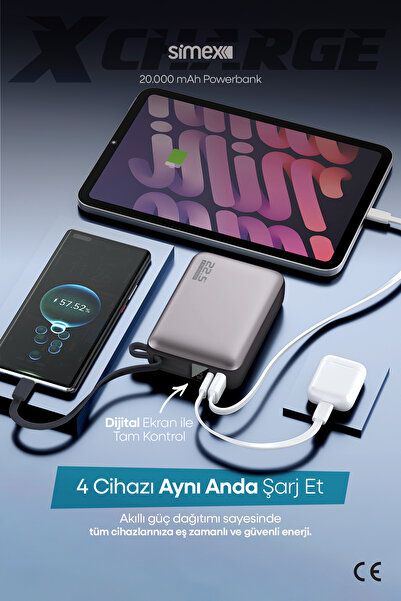 Simex 20.000 mAh 22.5W Hızlı Şarj PD Powerbank Kendinden Kablolu ve Dijital Göstergeli Taşınabilir Cihazı
