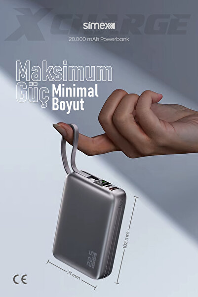 Simex 20.000 mAh 22.5W Hızlı Şarj PD Powerbank Kendinden Kablolu ve Dijital Göstergeli Taşınabilir Cihazı