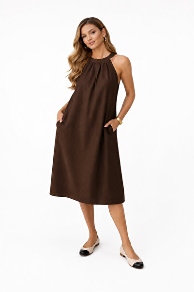 defiletekstil Halter Yaka Dokuma Midi Elbise