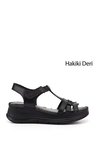 GÖNDERİ(R) Kadın Siyah Cırt Bantlı Dolgu Topuk Hakiki Deri Sandalet