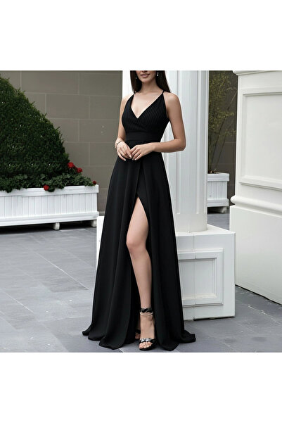 Generic Brand Women's Rope Strap Deep Long Slit Detailed Local Crepe Long Dress