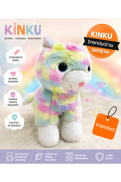 KİNKU Kedi Gökkuşağı Renkli Gözlü 30 Cm Sevimli Yumuşak Kedi Peluş