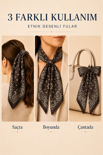 OUS وشاح نسائي من الساتان بنمط باندانا بني كريمي مقاس 70x70 سم، إكسسوار للشعر والرقبة مربع الشكل ذو ملمس حريري وحقيبة يد