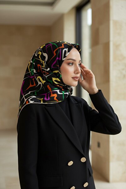 Vissona %100 Twill İpek Soyut Geometrik Desenli Fuşya - Sarı Renkli 90x90 Eşa...