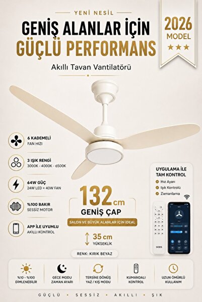 Kılıforyum 132 cm Akıllı Tavan Vantilatörü – Kumandalı & App Kontrollü – 6 Ka...