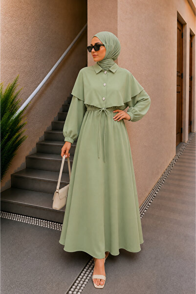 bellura Pelerin Detaylı Kemerli Kolu Lastikli Krep Elbise