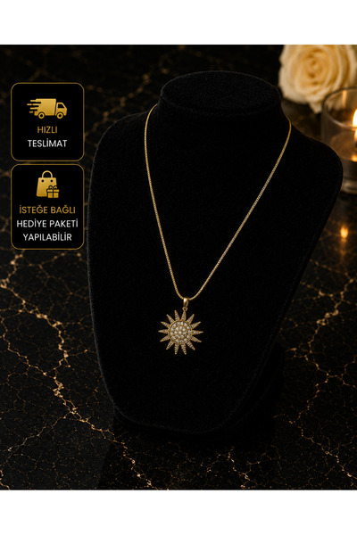 PURE BERRY ZİRKON TAŞLI GÜNEŞ MOTİFLİ %100 ÇELİK KOLYE KARARMAZ SOLMAZ