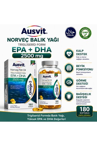 Ausvit Ultra Omega-3 Norwegian Fish Oil Softgel |   Supplemental Food Containing Epa and Dha 180 Capsules