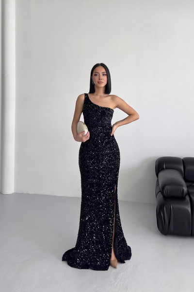 ALFUDO Moda Collection Trend Kadife Siyah Pullu Elbise