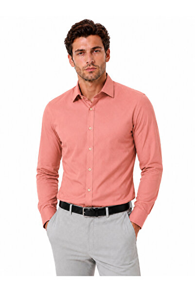 Yiğittekin Terikoton Slim Fit Pembe Gömlek Uzun Kollu Pamuk Karışımlı