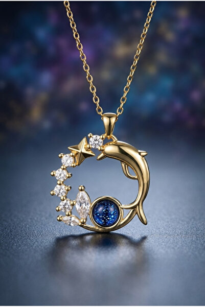 NBS Beautiful Naturel Stones Gold Color Dolphin Starry Sky Design Zircon Neck...
